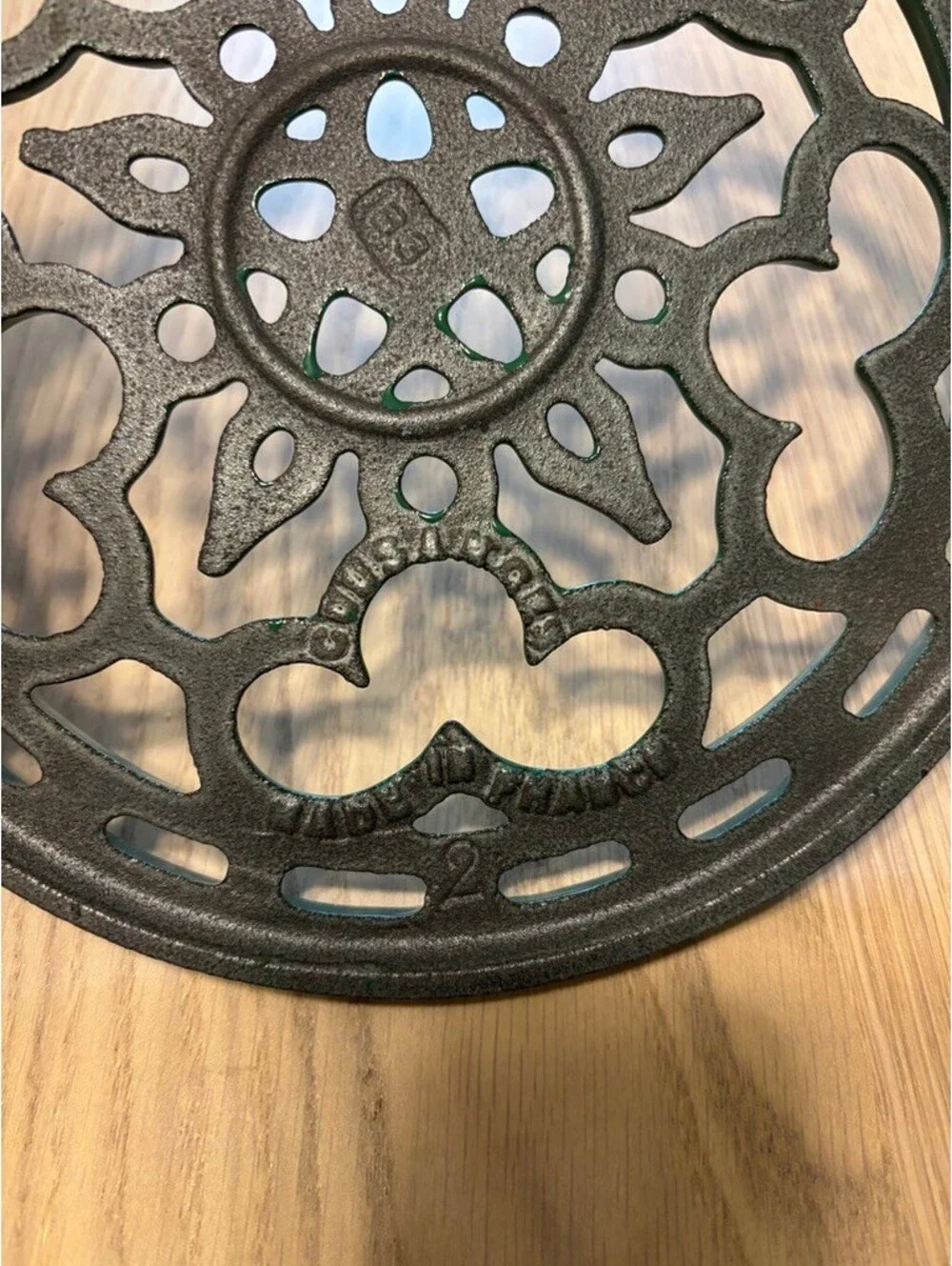 Vintage Le Creuset France Green Enameled Cast Iron Trivet Round Floral